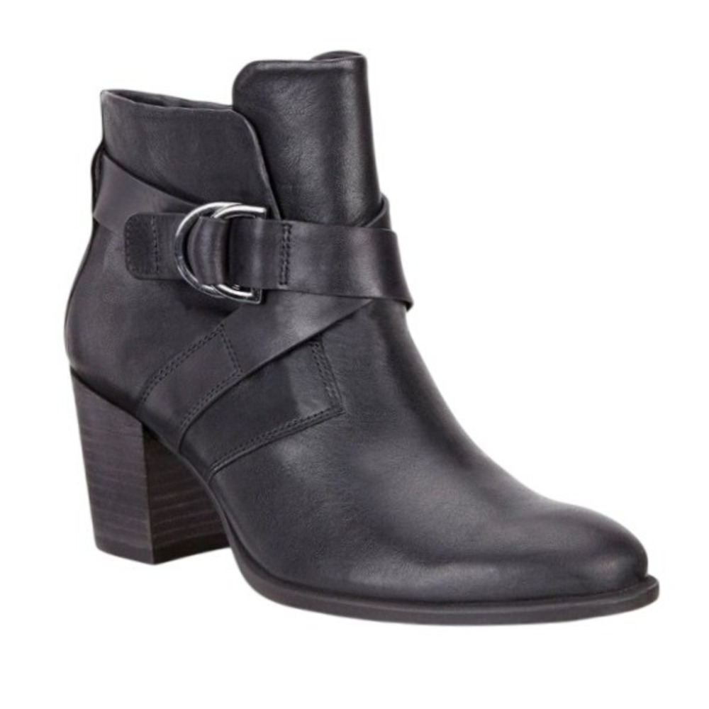 ECCO Ankle Boots Black Leather Buckle Strap Side Zip Block Heel Women 39  US 8.5